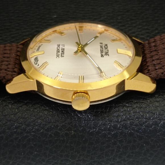 Vintage 1971 Montine Of Switzerland  Manual Mens Gold Watch W/Cloth Strap - Picture 5 of 9